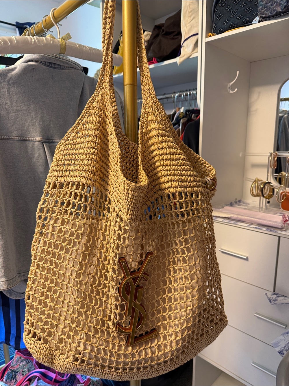 Saint Laurent Crochet Tote in Tan with Gold YSL Logo